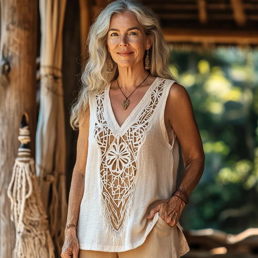 Vintage Bohemian Cotton And Linen V-neck Top elevenforest