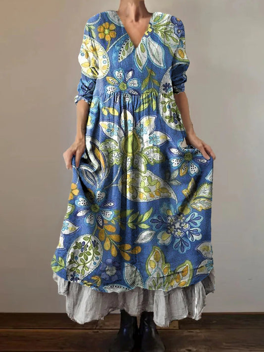 Women's Floral Art Print V-Neck Pocket Cotton Dress