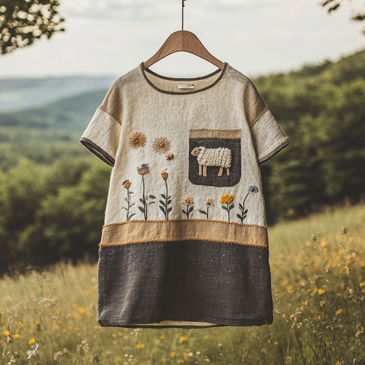 Vintage Sheep Wildflowers Patchwork Print Linen T-shirt elevenforest