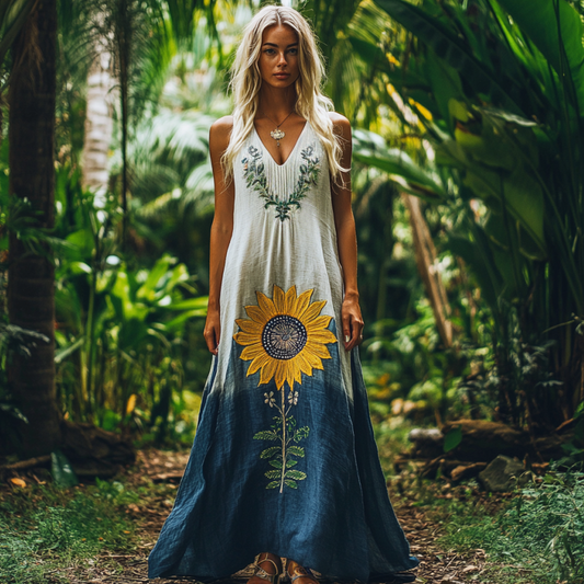 Bohemian Sunflower Embroidery Gradient Art Sleeveless Cozy Linen Maxi Dress elevenforest