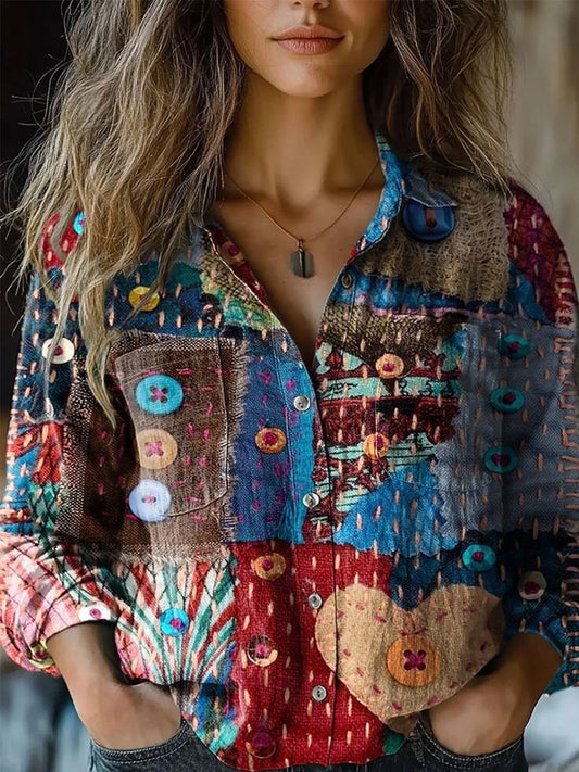 Stitch Geometric Pattern Women's Linen Long Sleeve Shirt elevenforest