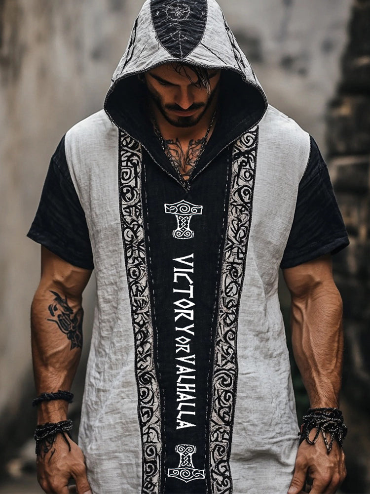 Men's Viking Victory Or Valhalla Linen Hooded T Shirt elevenforest