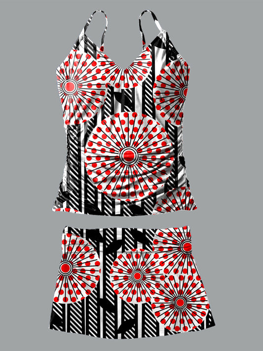 Colorful Flower V-Neck Vintage Flowers Print Suspender Skirt Tankini Pantskirt Set Swimsuit