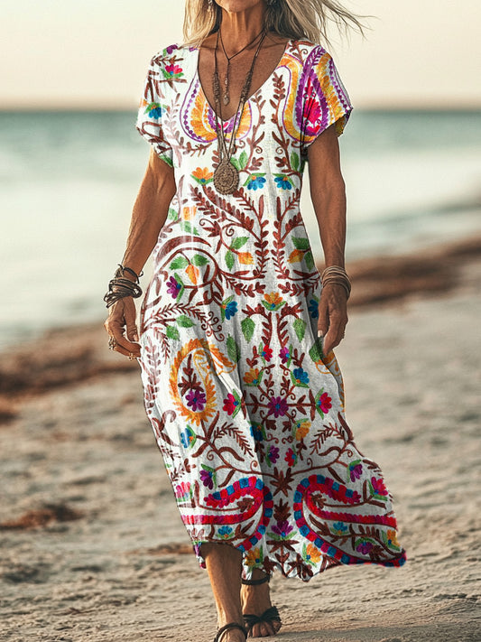 Women's Vintage Floral Short Sleeve Pocket Cotton Linen Dress