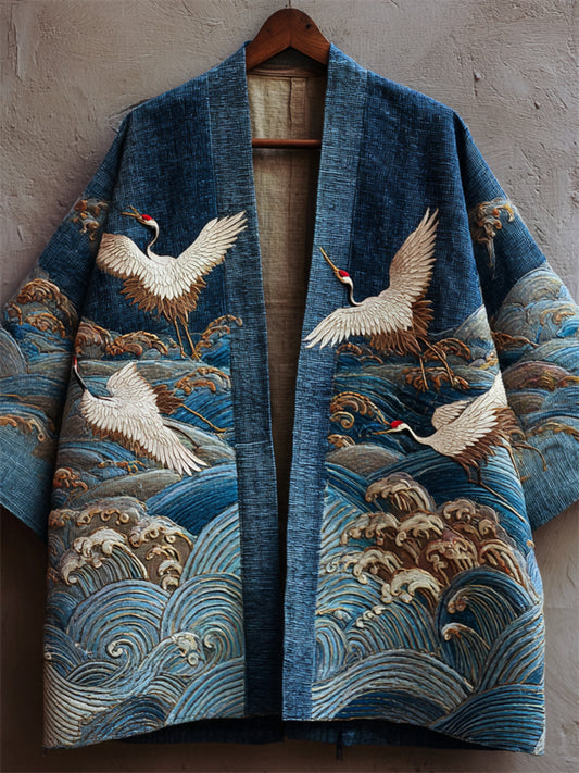 Japanese Cranes & Sea Waves Embroidered Linen Kimono Cardigan elevenforest