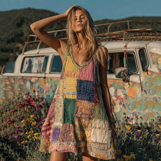 Countryside Style Collection Classy Patchwork Floral Pattern Art Linen Tank Dress elevenforest