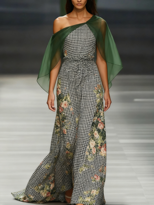 Women's off-the-shoulder long-sleeved green chiffon dress