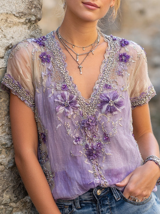 Vintage Purple Flowers Glitter Embroidered V Neck Linen Shirt elevenforest