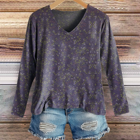 Women's Vintage Floral Art Print Casual V-neck Long Sleeve T-shirt
