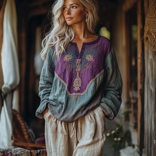 Bohemian Embroidered Floral V-neck Linen Blend Blouse elevenforest