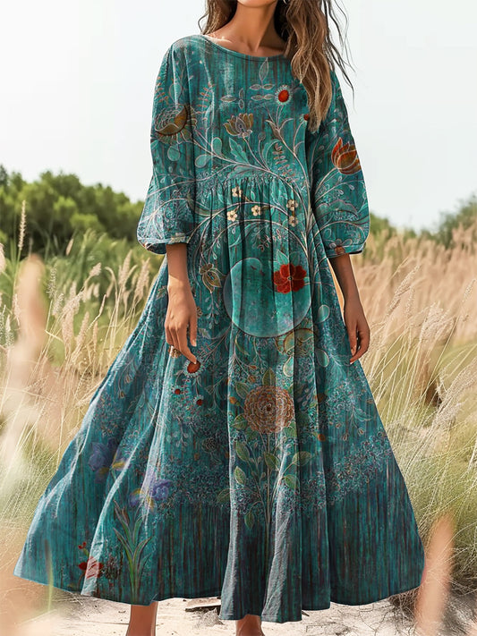 Women's Floral Print Flowy Cotton Crew Neck Dress elevenforest