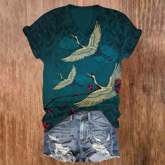 Comstylish Women's Japanese Style Crane Art Print V-neck T-shirt