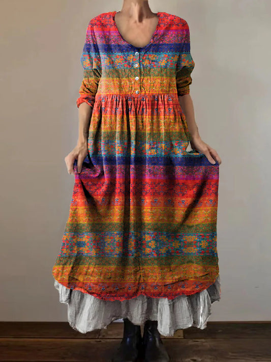 Women's Vintage Floral Patchwork Art Print V-Neck Button Pocket Cotton