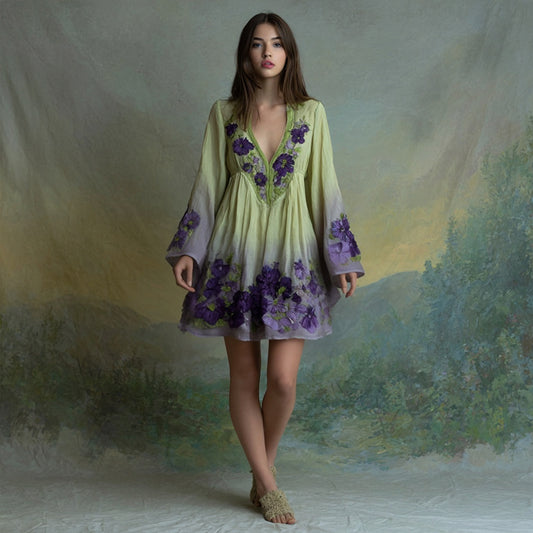 Purple Floral Embroidered Gradient Flowy Linen Mini Dress elevenforest