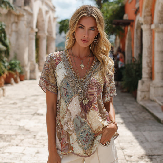 Vintage Bohemian Floral Fresh V-neck Short-sleeved Top elevenforest