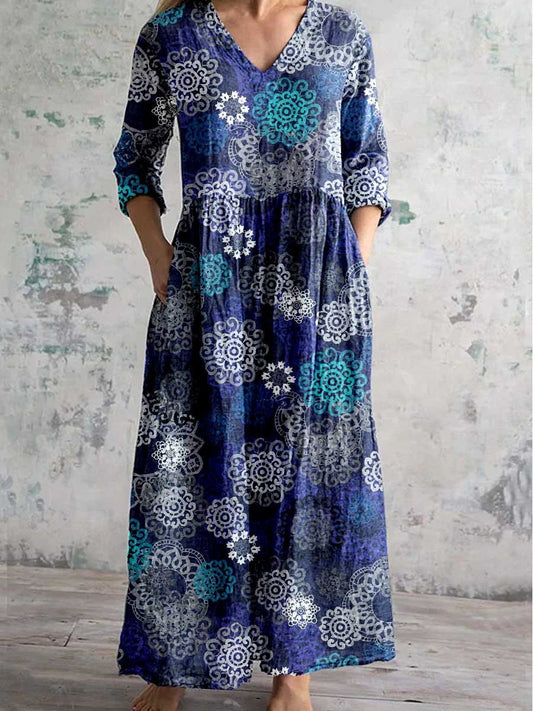 Women's Round Neck Seaweed Print Pattern Dress With Pockets