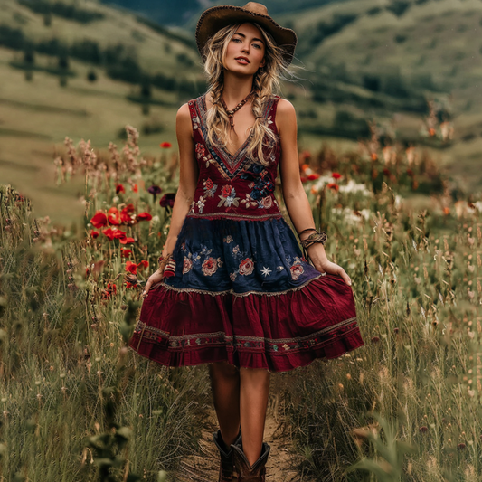 Women's  Retro American Western Country Style Floral Embroidered Art Casual Linen Mini Dress elevenforest
