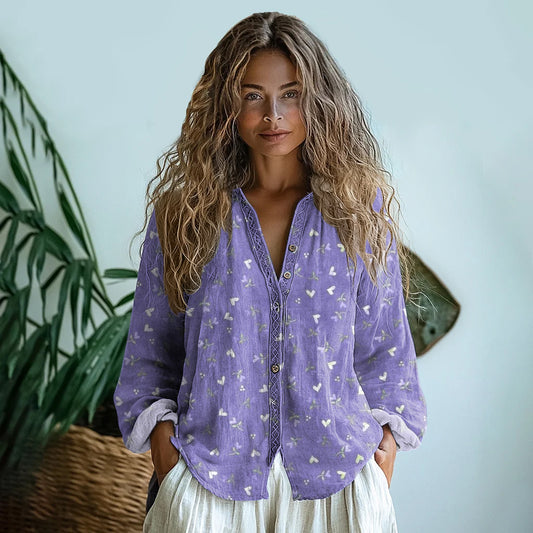 Vintage Purple  Floral Art  Linen Print  Long Sleeve Shirt elevenforest