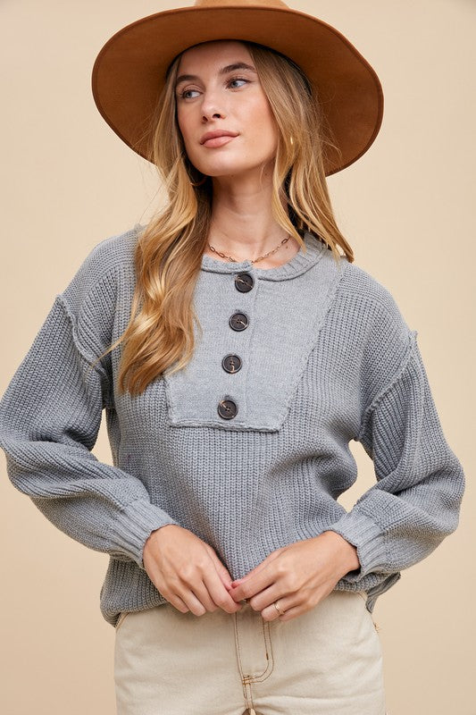 Delilah® | Half button sweater with ribbed hem