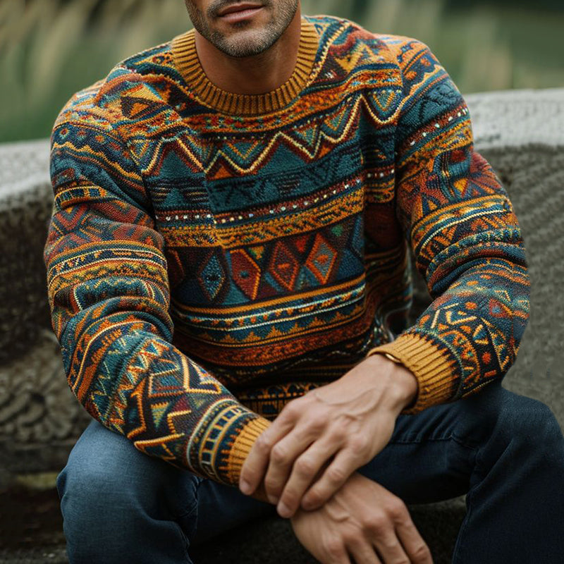 Men's Vintage Geometry Color Block Art Knitted Crew Neck Sweater artswardrobe