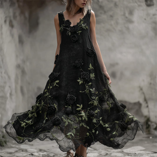 Vintage Gothic Black Roses Vines Fiber Art Flowy Linen Dress elevenforest