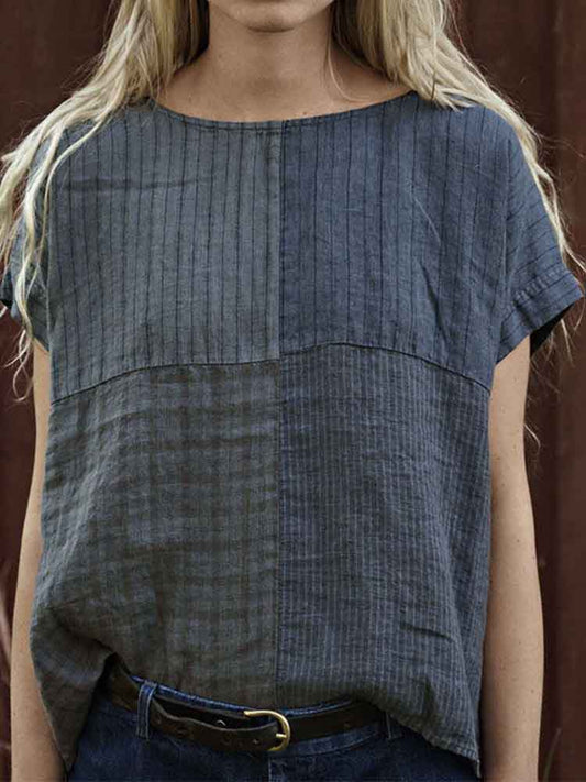 Women's Vintage Striped Linen Blend Crew Neck Shirt elevenforest