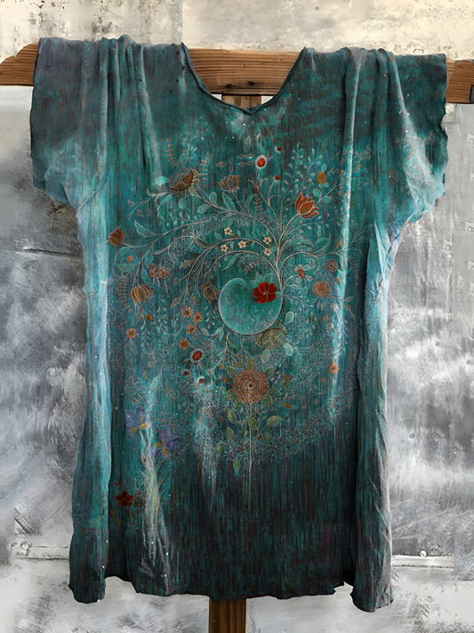 Floral Art Print Cotton Crew Neck T-Shirt