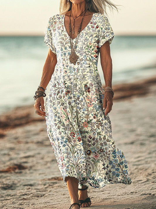 Women's Vintage Floral Art Print Pocket Cotton Dress
