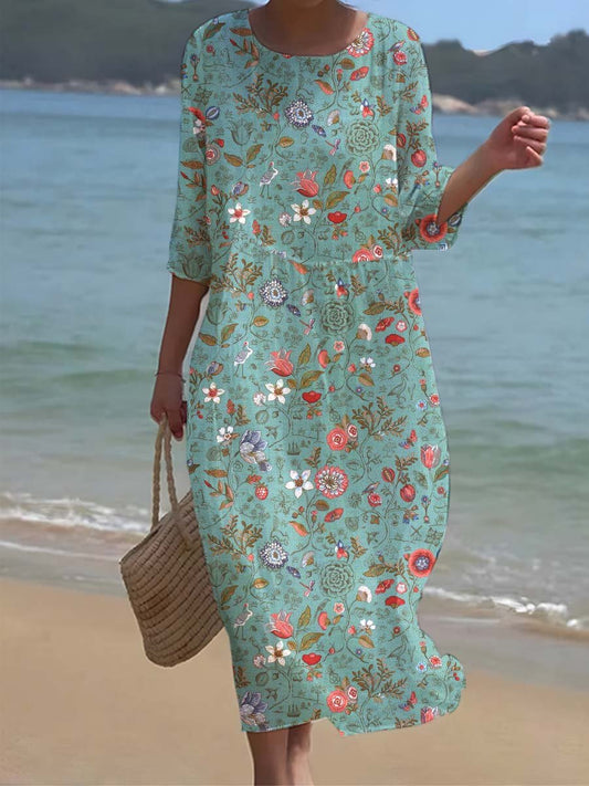 Women's Beach Resort Style Poppy Floral Print Pattern Flowing Dress