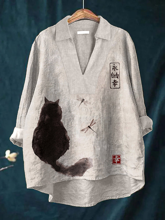 Japanese Art Cat Print Linen Shirt elevenforest
