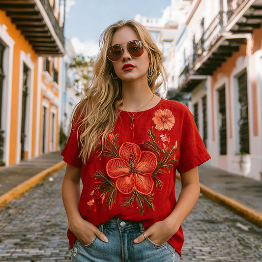 Women's Retro Hibiscus Pattern Casual Linen Blend T-shirt elevenforest