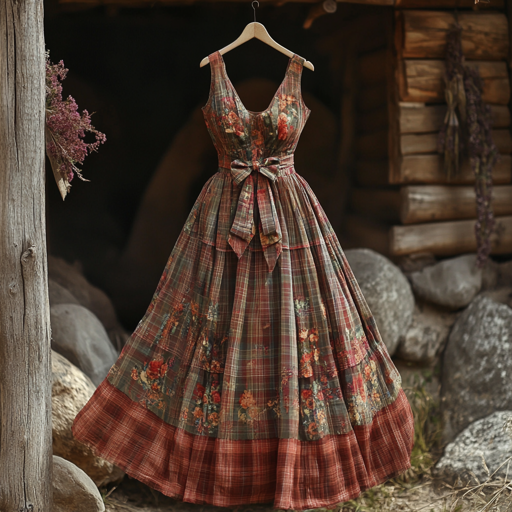 Women's Retro Floral Plaid Stitching Design Cotton And Linen Sleeveless Dress elevenforest