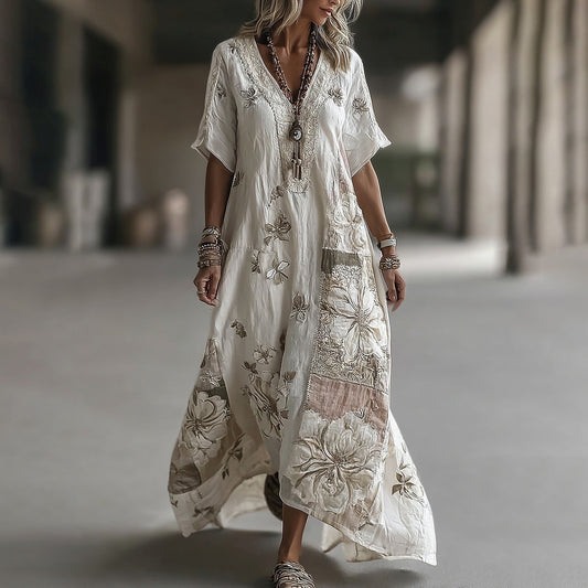 Women's Vintage Floral Embroidery Art Linen Blend V Neck Maxi Dress elevenforest