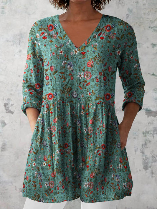 Women's Retro Floral Art Print Casual Cotton And Linen V-neck Top