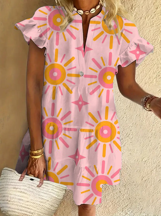Sun Ruffled Short-sleeved V-neck Buttoned Dress Vacation Beach Dress