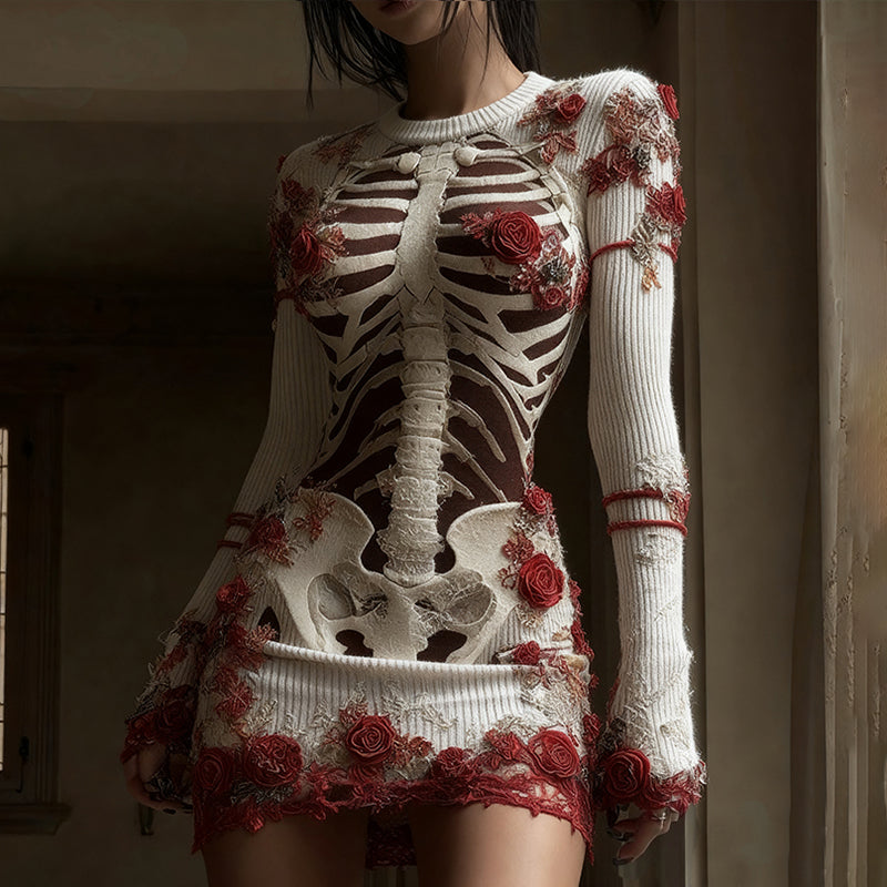 Comstylish Women's Red Rose Skeleton Art Knit Mini Sweater Dress