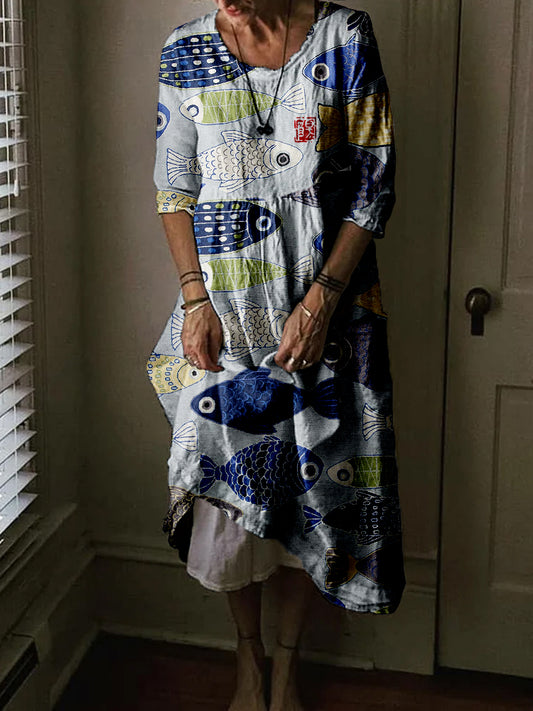 Vintage Fish Japanese Art Linen Blend Comfy Midi Dress elevenforest
