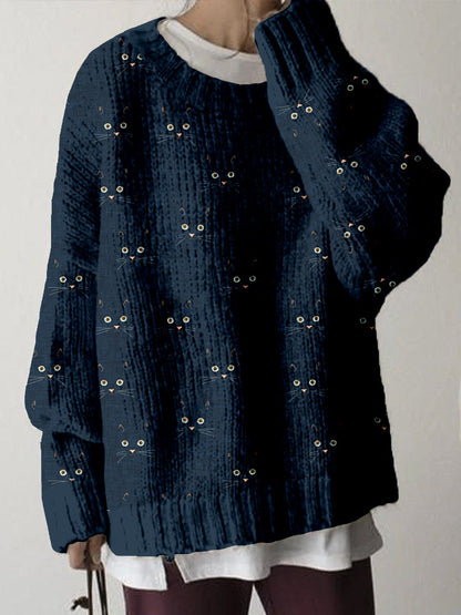 Cute Cat Face Pattern Crew Neck Comfy Sweater elevenforest