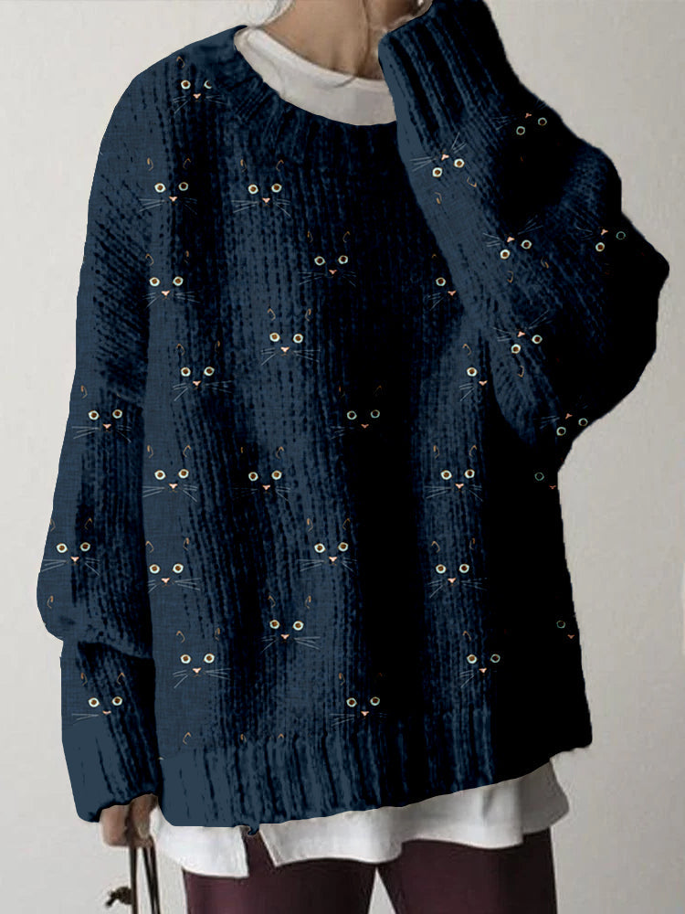 Comstylish Cute Cat Face Pattern Crew Neck Comfy Sweater