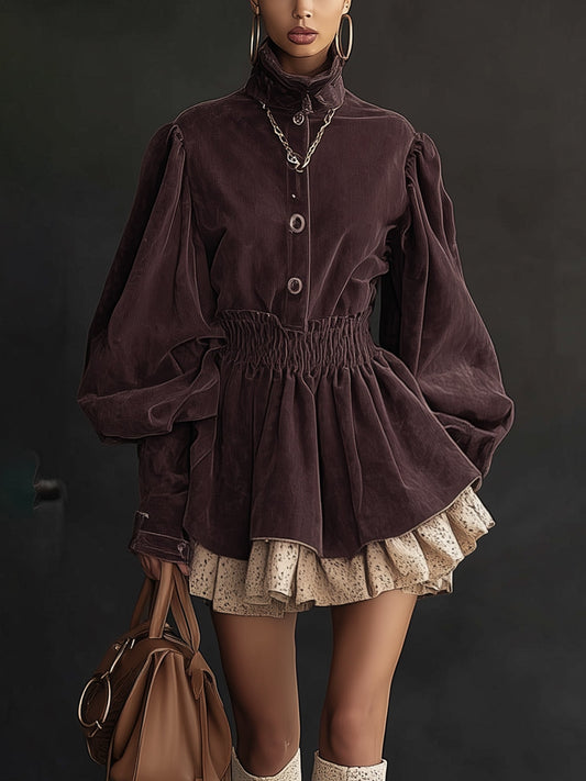 Dark Purple Velvet Lace Trimmed Turtleneck Long Sleeve  Mini Dress