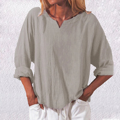 Comstylish Casual Loose V-Neck Linen Long Sleeved Blouse