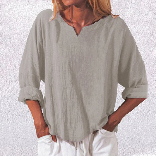 Comstylish Casual Loose V-Neck Linen Long Sleeved Blouse