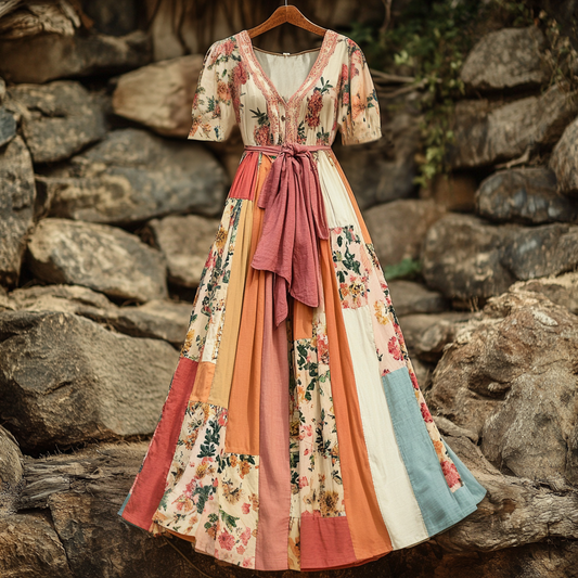Women's Vintage Floral Patchwork Short Sleeve Dress elevenforest
