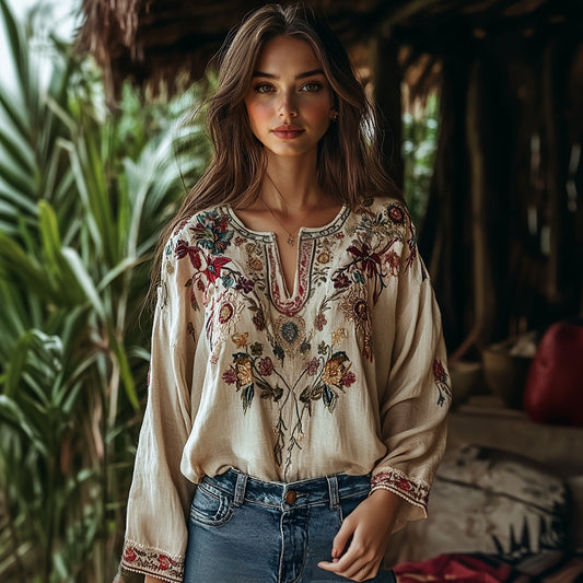 Comstylish Retro Bohemian Floral Art Graphics Cotton And Linen Blend Loose Blouse