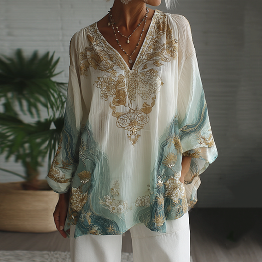 Vintage Marble Texture Collection Bohemia Women Style Gradient Gilded Pattern Linen Round Neck T-shirt elevenforest
