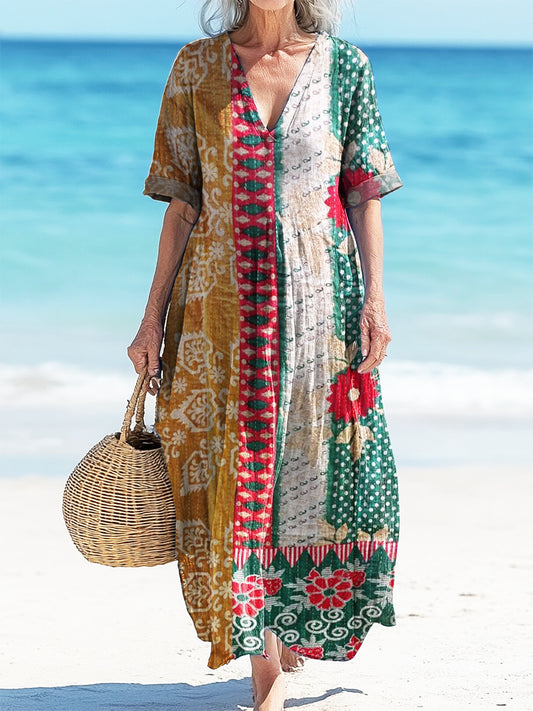 Women's Vintage Floral Patchwork Art Print Pocket Cotton Dress