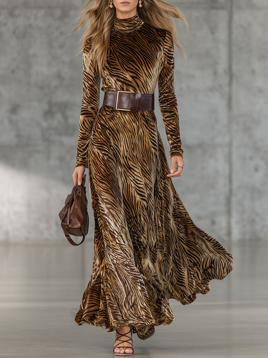 Western Retro Gold Velvet Zebra Print Lace-Up Long Sleeve Maxi Dress