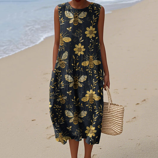Women's Bees And Flowers Botanical Art Print Crew Neck Tank Midi Dress elevenforest