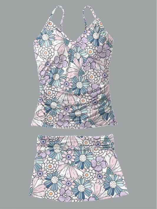 Women's Floral Print Suspender Shirred Swimsuit Set