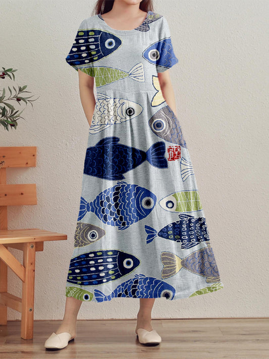 Vintage Fish Japanese Art Linen Maxi Dress elevenforest